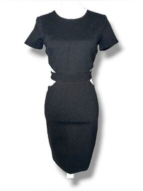 Lulus Black Cutout Waist Bodycon Midi Dress Size S Short Sleeve Cocktail